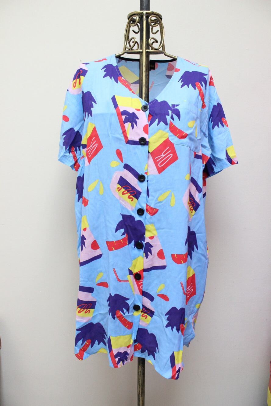Nooworks Blue Snacks Palm Tree Button Down Shirt Dress Size Medium
